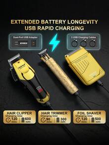 HIENA 3pcs Electric Hair Clipper Set Professional Hair Clipper + Trimmer + Electric Shaver Home Use USB Fast Charging Hair Cutting Tool Kit - Gold - View 5