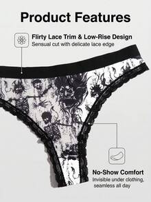 Dircho 1件裝女款圖案蕾絲飾邊丁字褲，舒適低腰日常內褲 - 彩色 - 查看 4