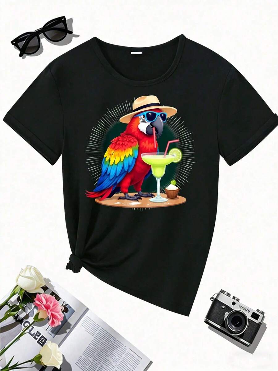 Camiseta con estampado de loro colorido y margarita, de manga corta y cuello redondo, casual para verano y primavera, ropa de mujer
