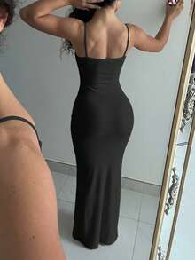 LovelyWholesale Women's Sexy Deep V-Neck Hollow Lace-Up Bodycon Maxi Summer Dress Elegant - Black - View 2