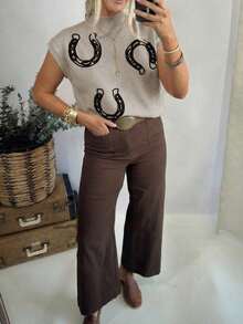 Women's Spring/Autumn Casual High Neck Embroidered Detail Sleeveless Knit Top Vest, Suitable For Daily Wear, Casual And Elegant Summer - Khaki - View 5
