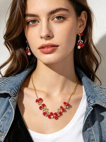 1 Set Sweet Elegant Rose Necklace And Earrings Set, Women's Holiday Birthday Date Ball Party Vacation Shopping Accessories - Rose - View 4