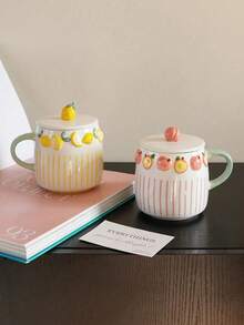 1pc Embossed Fruit Striped Ceramic Mug, Exquisite Coffee Cup With Lid, Lemon, Peach, Strawberry And Blueberry Pattern, Elegant And Practical, Suitable For Home Decor, Father's Day Gift, Father's Day Decoration, Independence Day Gift Decoration, Back To School Gift, Halloween Decoration And Christmas Decoration, Suitable For Coffee Cup, Living Room, Bedroom, Coffee Art, Gift. - Multicolor - View 12