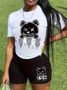 Two-Piece Outfit Featuring A Letter Print, Consisting Of A Short-Sleeve T-Shirt And Short Leggings, Designed For Women - White - View 7