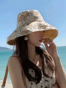 女款可反穿花卉印花遮陽漁夫帽，夏季防曬防風繩寬帽簷全臉遮陽帽（含防風繩） - 顏色 - 查看 4