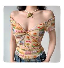 Top de manga corta con cuello floral pequeño estilo pintura al óleo retro, nuevo estilo de verano, puro y seductor, impresionante camisa de chica moderna con borde de malla. - Color de la imagen - Ver 1