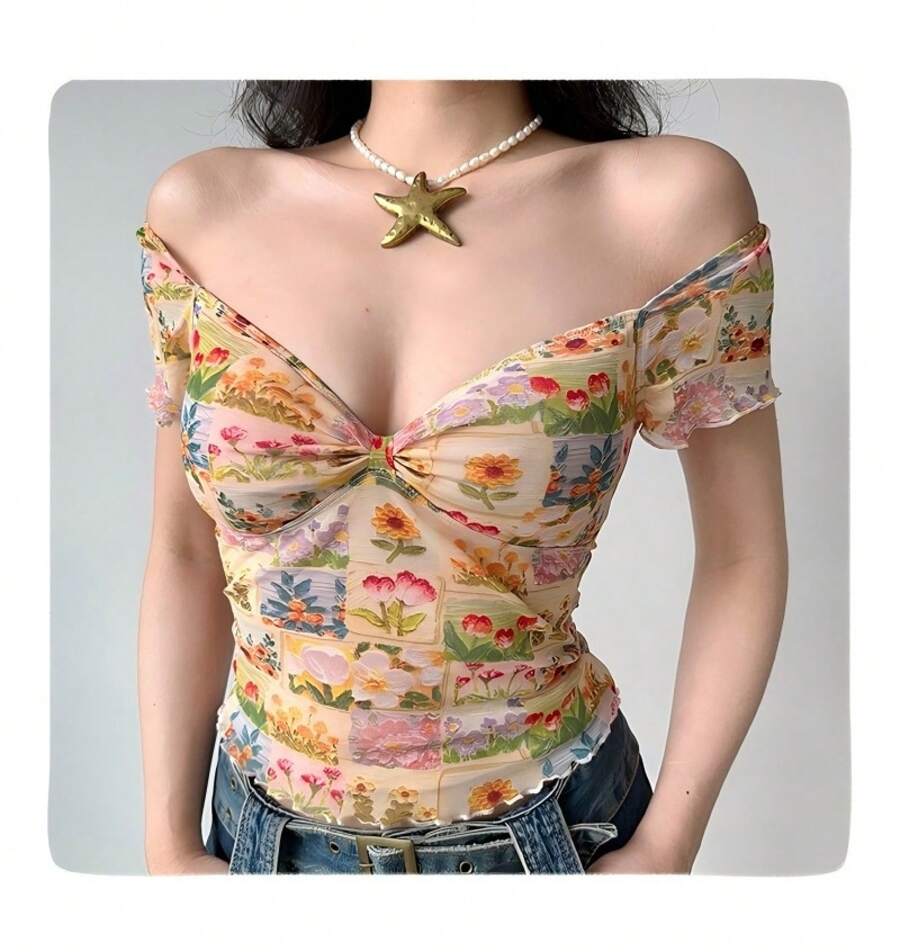 Top de manga corta con cuello floral pequeño estilo pintura al óleo retro, nuevo estilo de verano, puro y seductor, impresionante camisa de chica moderna con borde de malla. - Color de la imagen - Ver 1