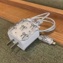 小號淺粉色/黑色蝴蝶結/金色蝴蝶結/櫻桃與白色珍珠設計手機充電器套組 20W/18W，充電線保護套，充電頭保護殼，相容於 Apple 13/16/15/14 充電器 - 銀色 - 查看 3