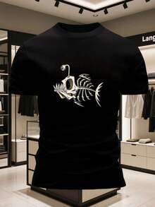 Men's 100% Cotton Crew Neck Short-Sleeved T-Shirt With A Roasted Chicken Pattern, Casual And Comfortable Style. - 黑色 - 查看 1