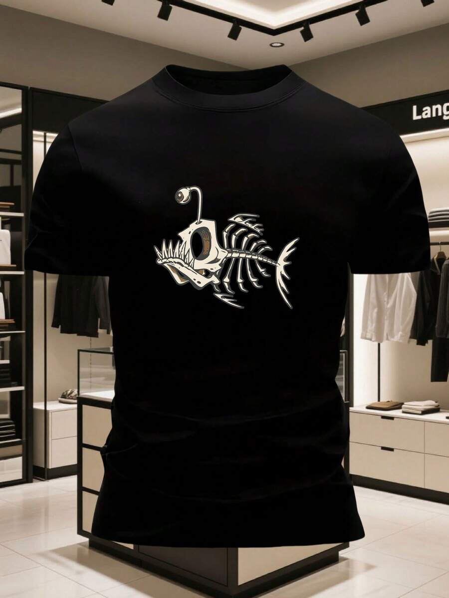 Men's 100% Cotton Crew Neck Short-Sleeved T-Shirt With A Roasted Chicken Pattern, Casual And Comfortable Style. - 黑色 - 查看 1