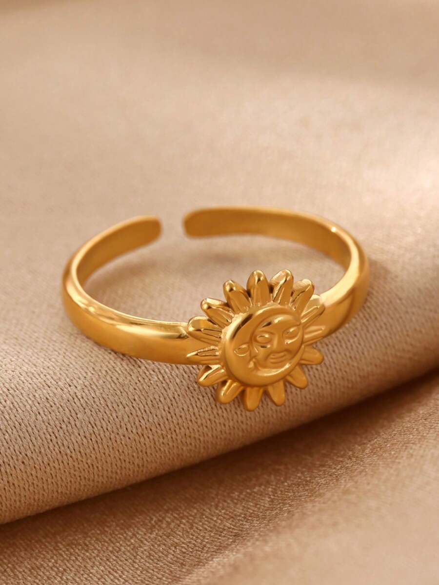 1件裝復古太陽月亮女款開口戒指 金色不鏽鋼 婚禮派對美學飾品禮物 - 彩色 - 查看 1