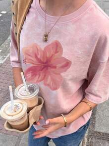 Camiseta de manga corta con cuello redondo, estampado floral rosa, teñido anudado, de moda sencilla y versátil, adecuada para mujer - Rosa - Ver 1