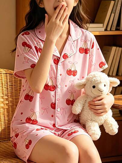 Conjunto de pijama de verano con estampado de cereza de 2 piezas, rosa suave y lindo, transpirable y amigable con la piel, con cuello y pantalones cortos elásticos, dulce para estar en casa