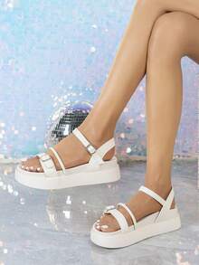Sandales compensées pour femmes, bride fine à la mode avec boucle pour l'extérieur, plateforme abricot à semelle épaisse et talon haut, chaussures de plage, pantoufles - Nude - Voir 2