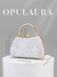OpulAura 1個白色刺繡花卉圖案肩背包，復古旗袍包，仙女風手拿包，宴會包，伴娘包，新娘包，方形包，晚宴包，珍珠手拿包，亮片珠飾包，正式禮服包，鏈條肩背包 - 白色 - 查看 5