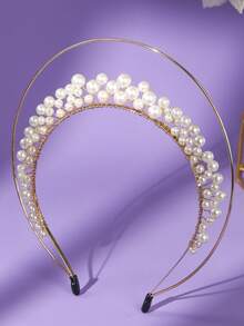 1pc Elegant Faux Pearl Decor Double Layer Halo Headband, Gold Wire Wrapped Angel Crown Bridal Tiara Hair Accessory For Wedding Masquerade Prom Party - Gold - View 11