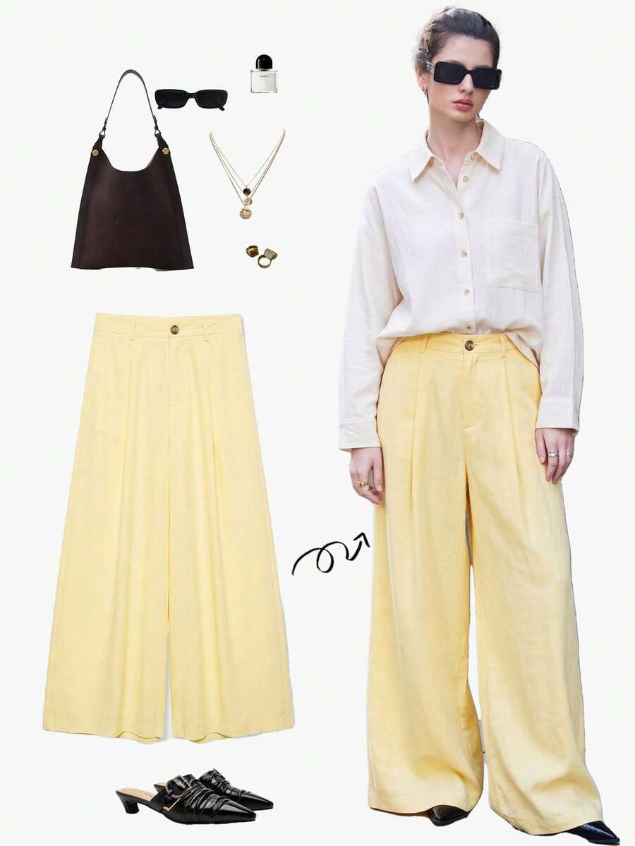 YROOE Vintage Minimalist Casual Loose Straight Leg Pants, With Draping Wide Leg Design, Suitable For Women In Spring And Summer - Light Yellow - View 1