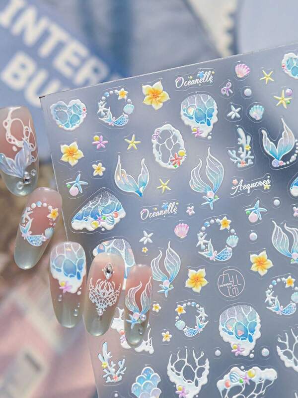 1 Sheet Shell Shine Mermaid Bubble Nail Stickers, Iridescent Tail & Flower Nail Decals, Dreamy Summer Nail Art Decor