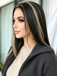 26 Inch Brown Highlighted Synthetic Straight Wig, No Bangs. Natural Machine-Made Straight Wig. Suitable For Women's Everyday Wear, Parties, And Holidays. (Hair Color: Multiple Colors Available), Halloween - Multicolor - View 6