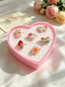 6 piezas Caja de regalo Anillos de esmalte con animales de dibujos animados, Anillos de dedo ajustables versátiles chapados en oro Accesorios, Anillos abiertos de esmalte colorido con unicornio conejo corazón flor mariposa - Dorado - Ver 5