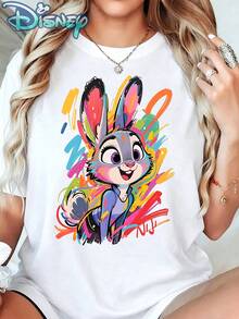 Disney Judy Hopps, 100% Pure Cotton Color Graffiti Art Crew Neck Tee, Regular Fit  Top For Street Style & Everyday Casual Outfit - 白色 - 查看 1