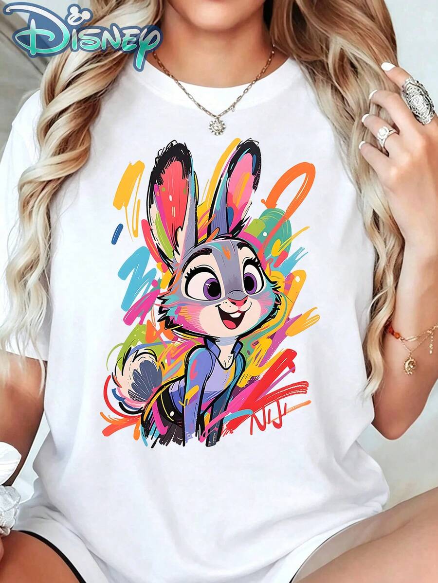 Disney Judy Hopps, 100% Pure Cotton Color Graffiti Art Crew Neck Tee, Regular Fit Top For Street Style & Everyday Casual Outfit - 白色 - 查看 1