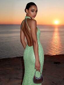 Vestido elegante y brillante sin espalda para mujeres, para ocasiones románticas, de fiesta, boda, graduación y eventos formales de primavera - verde menta - Ver 4