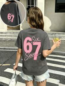 Tween Mädchen T-Shirt mit Stern Element Sechs Sieben 67 Cartoon Muster, geeignet für Tween Mädchen Outdoor Sport, Casual Wear, Street-Style, Campus Stil, modisches Tween Mädchen Frühling/Sommer vielseitiges Top - Dunkelgrau - Übersicht 4