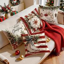 4pcs/1pc Red And White Striped Merry Christmas Theme Pattern Pillowcase Without Insert, Single-Sided Printed Pillowcase, Suitable For Living Room Bedroom Home Decor, All Seasons Pillowcase - Multicolor - View 9