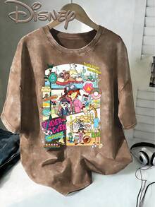 Disney Licensed Zootopia Nick Wilde Judy Hopps Undercover Mission Track Down The Snake Vintage Wash Tee,Character Graphic Print Casual Women's T-Shirt - 咖啡棕 - 查看 1