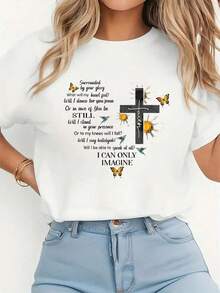Camiseta gr£fica de manga corta casual para mujer con estampado slido de cruz cristiana con maosa y texto "I Can Imagine" parrimavera y verano - Blanco - Ver 2