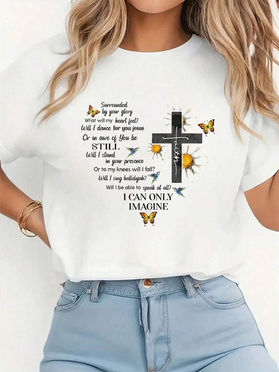 Camiseta gr£fica de manga corta casual para mujer con estampado s￳lido de cruz cristiana con maosa y texto "I Can Imagine" parrimavera y verano