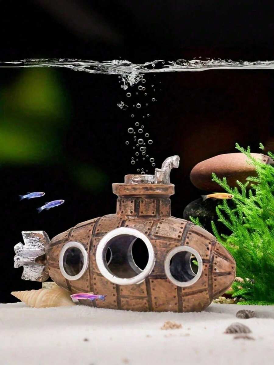 1件水下沉船潛水艇裝飾品，魚缸水族館裝飾潛水艇擺件，魚缸造景繁殖缸裝飾，魚蝦躲藏屋