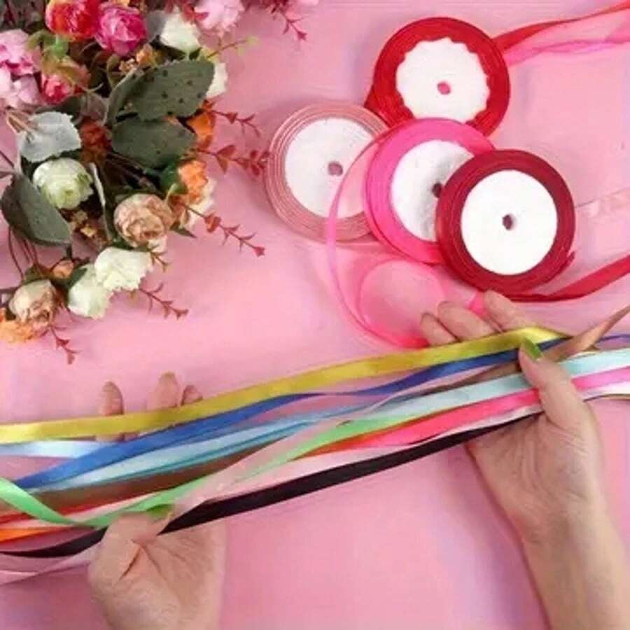 5 قطع/10 قطع/مجموعة شرائط ملونة (ألوان عشوائية) - مجموعة شرائط فيونكة لامعة متعددة الوظائف، شرائط ساتان ملونة، 22.8 متر لكل لفة، مناسبة لتغليف الهدايا، صنع الفيونكات، ديكور حفلات كرات الزهور، الحرف اليدوية، الزفاف، عيد الميلاد، عيد الحب - أنماط متعددة - مشاهدة 1