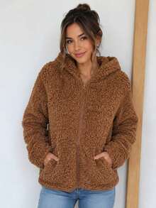Women's Jacket With Zipper And Hood, Faux Fur Coat - 駝色 - 查看 1