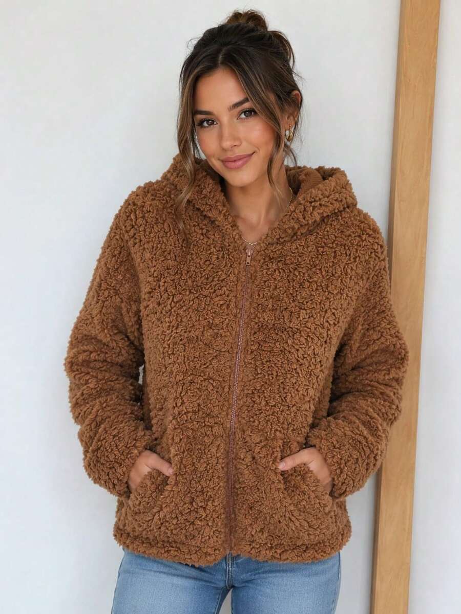 Women's Jacket With Zipper And Hood, Faux Fur Coat - 駝色 - 查看 1