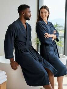 UNISEX BATHROBE, WIDE AND LONG, EXCELLENT ABSORPTION, MICRO-TOWEL FABRIC (COTTON WITH MICROFIBER) - Navy Blue - View 3