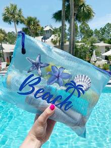 時尚防水PVC海灘包，附「Beach」貝殼圖案，A4尺寸，透明化妝包、盥洗包，尼龍拉鍊，適合游泳、潛水、夏季度假，輕量，海灘必備，旅行/開學必備，度假良伴 - 彩色 - 查看 3