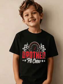 BROTHER Pit Crew Racing Theme T-Shirt For Boys - Designed With Red Pointers And A Speedometer, Decorated With A Black And White Checkered Flag, And A Perfect Combination - 黑色 - 查看 1