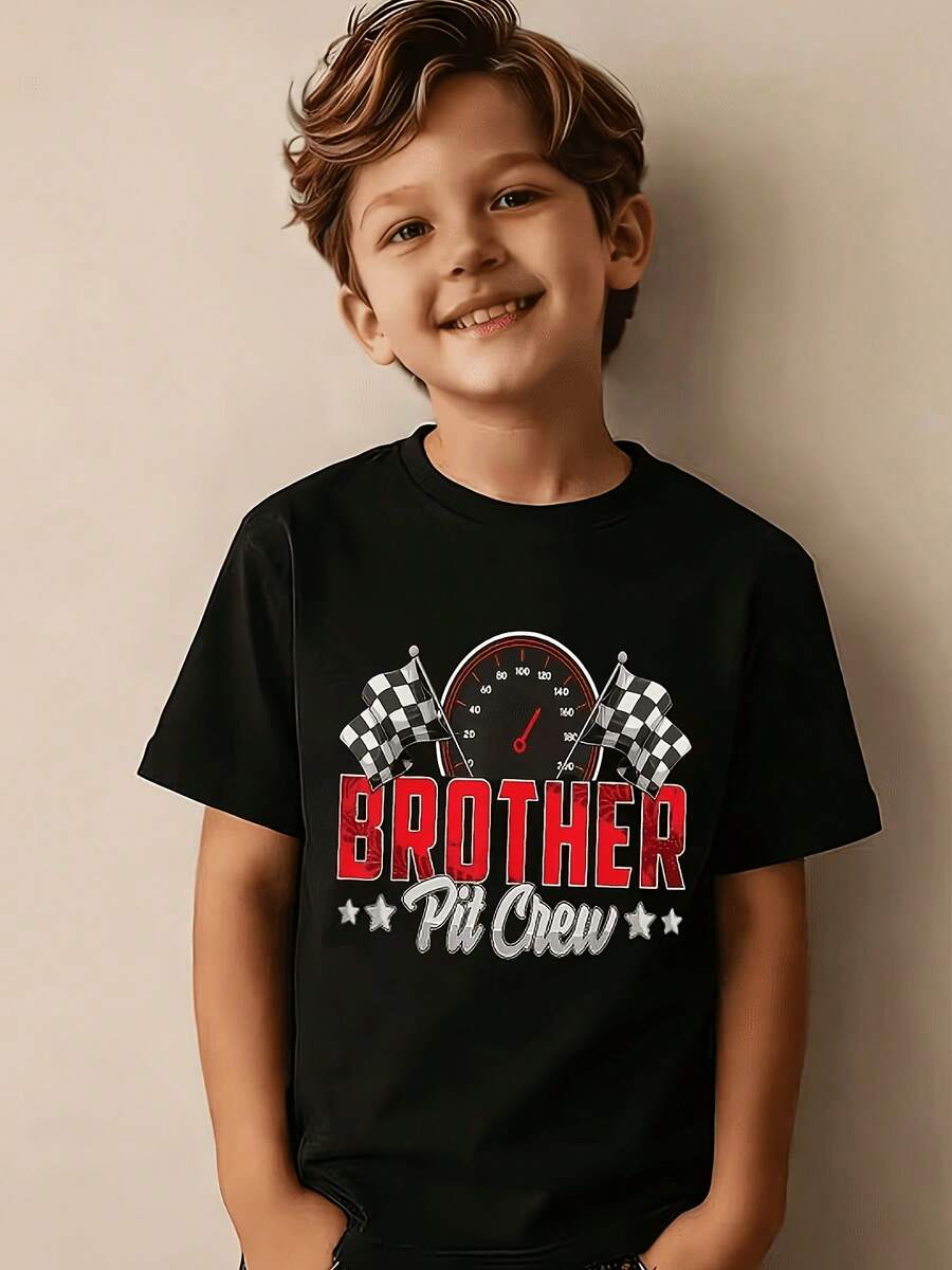 BROTHER Pit Crew Racing Theme T-Shirt For Boys - Designed With Red Pointers And A Speedometer, Decorated With A Black And White Checkered Flag, And A Perfect Combination - 黑色 - 查看 1
