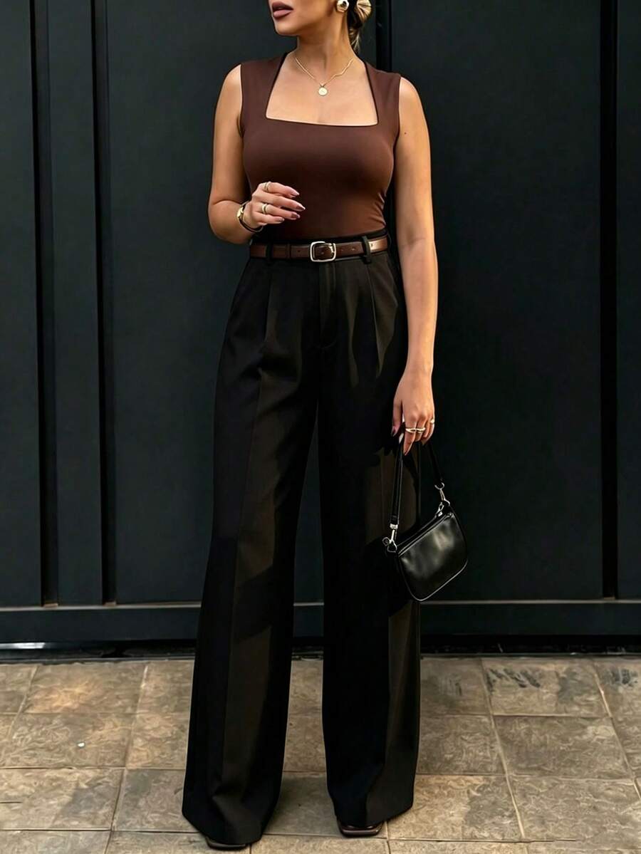 Pantalones de cintura alta y pierna ancha ajustados para mujer en color negro | Estilo bohemio de calle | Adecuado para primavera/verano, uso casual, ir al trabajo (Cinturón no incluido) - Negro - Ver 1