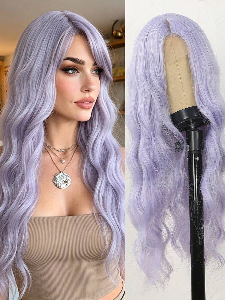 26 Inch Long Wavy Synthetic Wig, No Bangs. Available In Light Purple/Light Blue/Brown/Brown. Designed For Women, Natural Appearance And Heat Resistant. Suitable For Parties, Cosplay, Daily Wear.