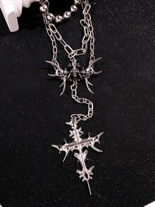 1pc Punk Personalized Fashion Design Streetwear Hip-Hop Style Thorn Spike Cross Skull Multi-Layer Beaded Chain Long Necklace, Daily Street Style Outfit - Multicolor - View 4