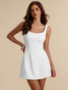 Vestido mini ajustado línea A, sin espalda, con tirantes, elegante y sencillo en color blanco, adecuado para primavera/verano, citas, bodas, damas de honor - Blanco - Ver 1