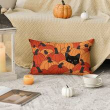 1PC Cute Black Cat In Orange Pumpkins Lumbar Pillow Cover, Fall Autumn Cartoon Kitty Rectangular Throw Pillow Case For Halloween Thanksgiving Farmhouse Sofa Home Decor - Orange - View 7