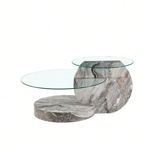 Modern Minimalist Coffee Table In Tempered Glass, With Two Levels, Round Marble-Effect Top, MDF Base, Grey Marble-Effect Stickers. Available In Several Colors. - Grey - View 1