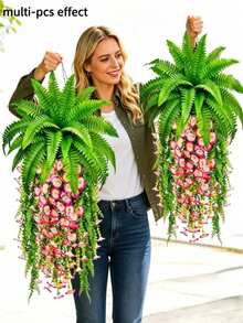 人造吊掛蕨類與花卉植物套組 - DIY 50cm/76cm 仿真綠植，適用於居家花園露台裝飾 (4件組) - 彩色 - 查看 4