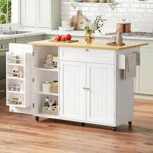 Mobile Kitchen Island With Fold-Down Worktop, Kitchen Trolley, Bar Table, With Drawer And Storage Cabinet, 3 Door Shelves, 120 * 45 (70) * 92 Cm - Natural+White - View 4