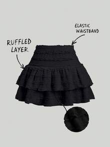 Y2K Casual Resort Mini Skirt With Double-Layered Hem And Solid-Color Ruffle Trim - Black - View 1