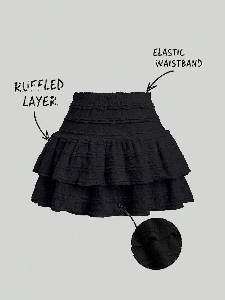 Y2K Casual Resort Mini Skirt With Double-Layered Hem And Solid-Color Ruffle Trim - Black - View 1
